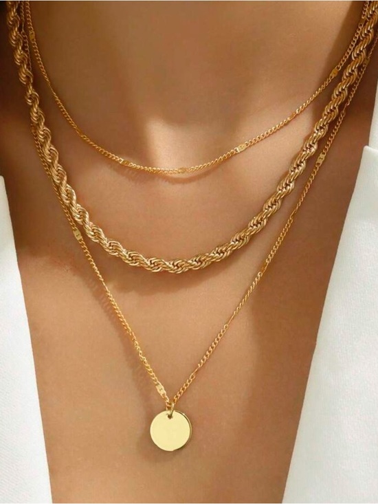 Jewelry - 18 Gold Plated Stainless Steel 3pc Rope Layered Disc Necklace Set